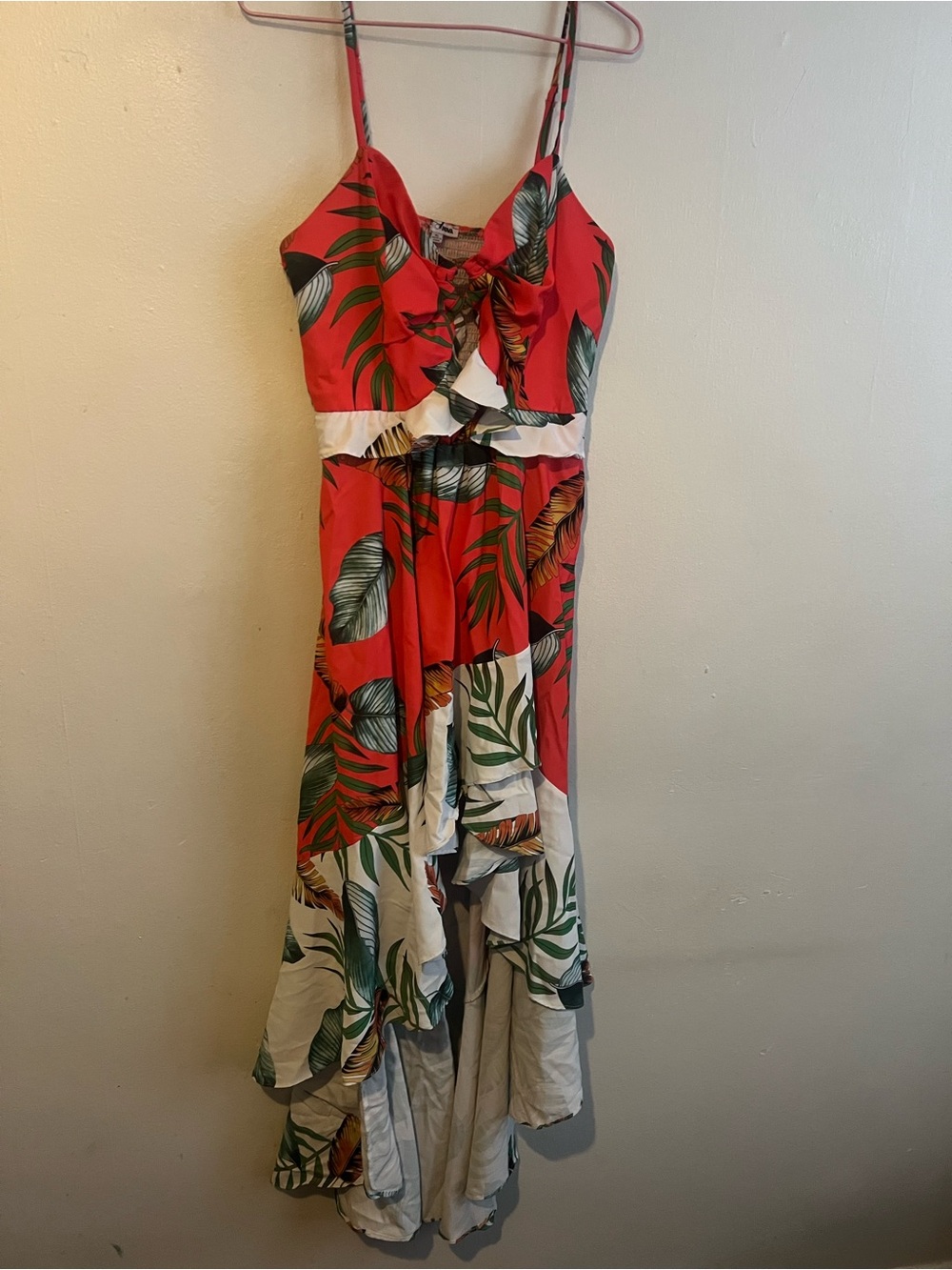 Fashion Nova Red Tropical Print High-Low Maxi Dress